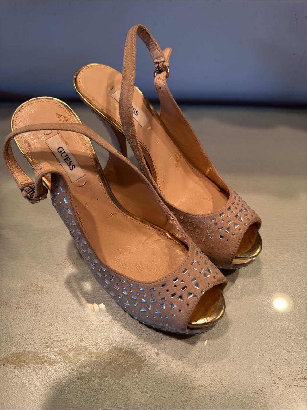GUESS Champagne Peep-Toe Slingback Heels with Crystal Cutouts